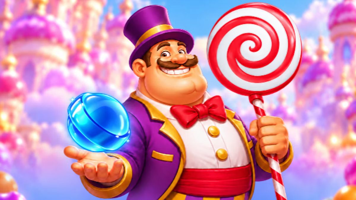 Candy Swipe Matchwin key art: a smiling candy-maker in a purple top hat and tailcoat holds a giant red and white swirl lollipop and a glowing blue candy, with pink candy castles behind him.