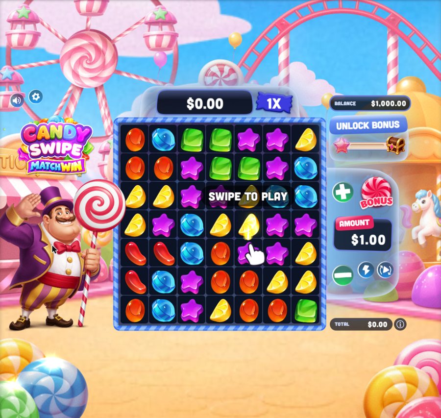 Candy Swipe Matchwin base game: a 7 by 7 board of jelly beans, orange drops, lemon slices, green jellies, blue candies and purple stars, with the candy-maker on the left, the Unlock Bonus meter, a 1.00 bet and a 1,000 demo balance on the right.