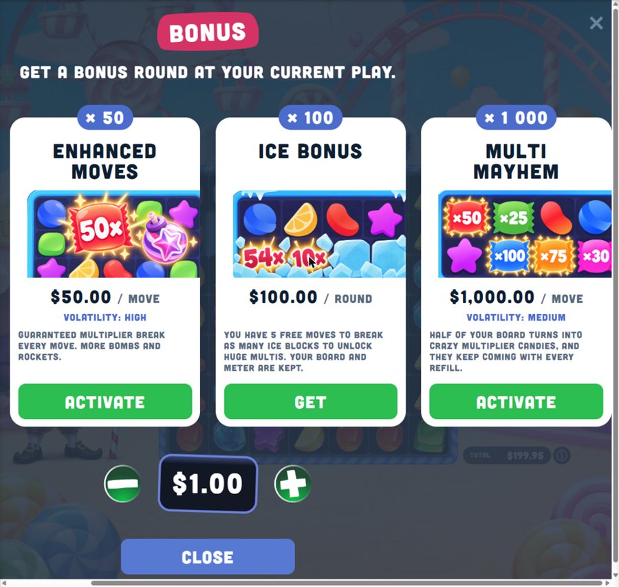 Bonus buy menu with three cards: Enhanced Moves at 50 dollars per move with high volatility, Ice Bonus at 100 dollars per round, and Multi Mayhem at 1,000 dollars per move with medium volatility, at a 1 dollar bet.