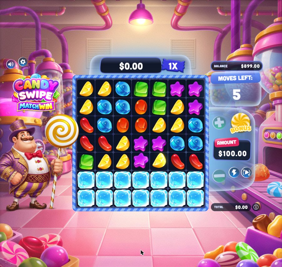 Ice Bonus board in the candy factory: five rows of candies above two full rows of ice blocks, with 5 moves left and a 100 dollar bonus amount.