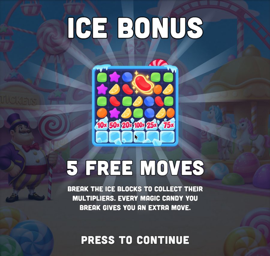 Ice Bonus intro screen: a small board with ice blocks showing 10x, 50x, 20x, 100x, 25x and 75x, above the words 5 free moves and a note that every Magic Candy you break gives an extra move.