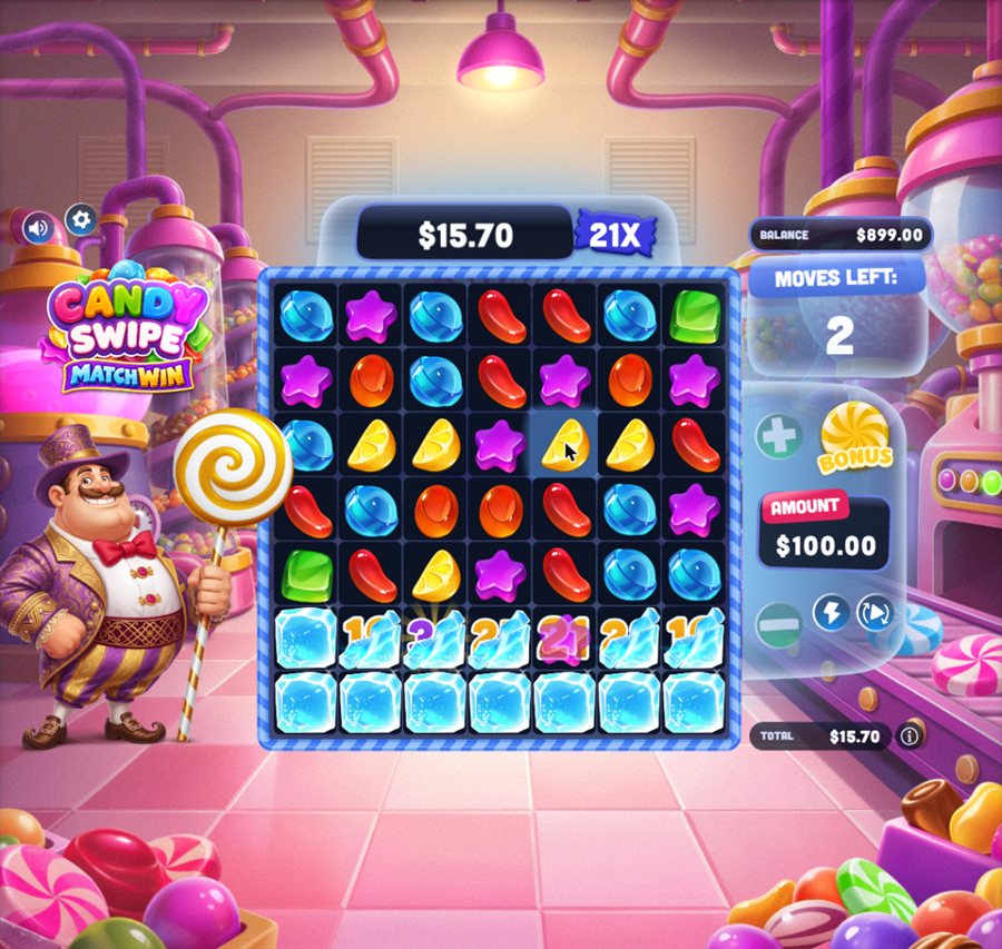 Ice Bonus mid-round: a broken ice block showing 21x, cracked blocks beside it, a 21x round multiplier and a 15.70 win so far with 2 moves left.