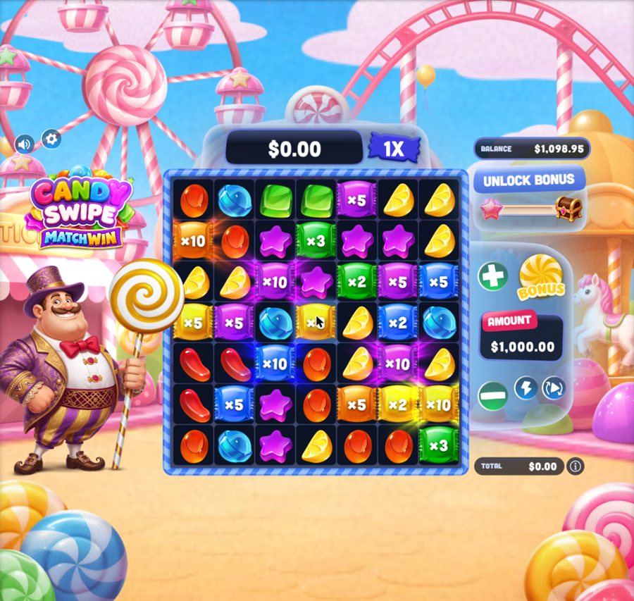 Multi Mayhem board: about half of the candies are wrapped multiplier candies marked between x2 and x10, with the bet amount set to 1,000 dollars.